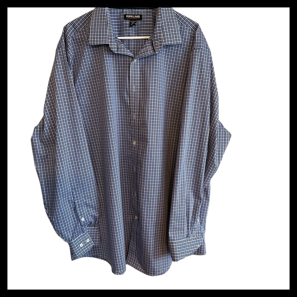 Kirkland Dress Shirt Mens Long Sleeve Blue White Checkered Pattern